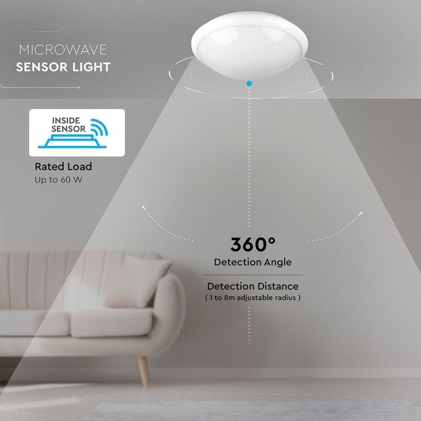 Iluminação de teto para casa de banho com sensor 1xE27/60W/230V IP44 ø 29,6 cm
