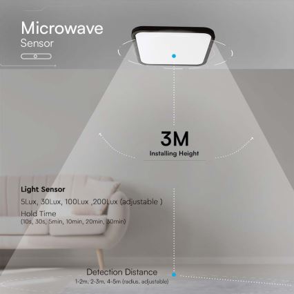 Iluminação de teto para casa de banho LED com sensor LED/18W/230V 4000K IP44 preto + comando