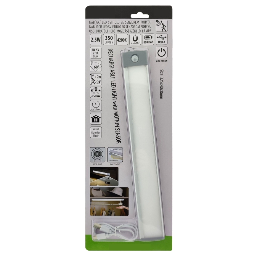 Iluminação para móveis LED com sensor LED/2,5W/5V USB 800 mAh 4200K 32,5 cm