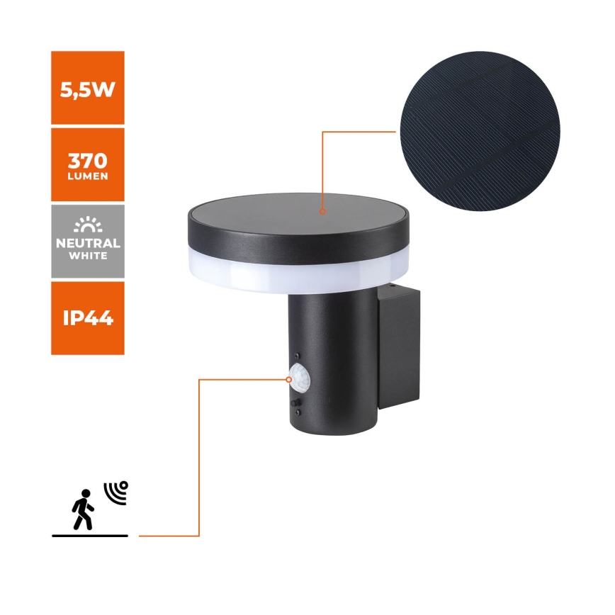 Iluminação solar de parede LED com sensor SOLARIS3 LED/5,5W/3,7V 4000K IP44