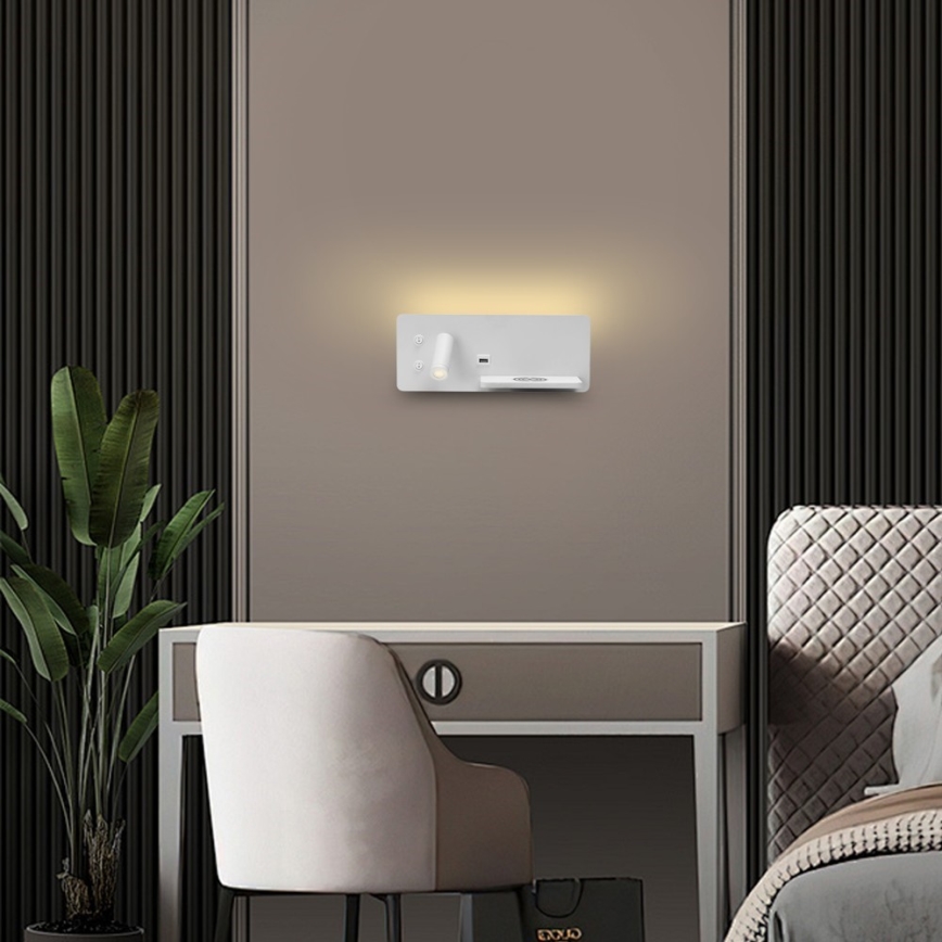 Immax 08285L - Foco de luz LED para parede com prateleira, porta USB e carregamento sem fios Be PREPARE LED/3W/230V + LED/3W branco