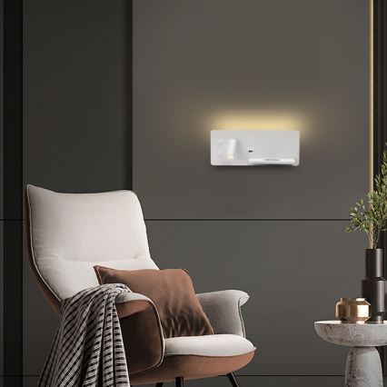 Immax 08285L - Foco de luz LED para parede com prateleira, porta USB e carregamento sem fios Be PREPARE LED/3W/230V + LED/3W branco