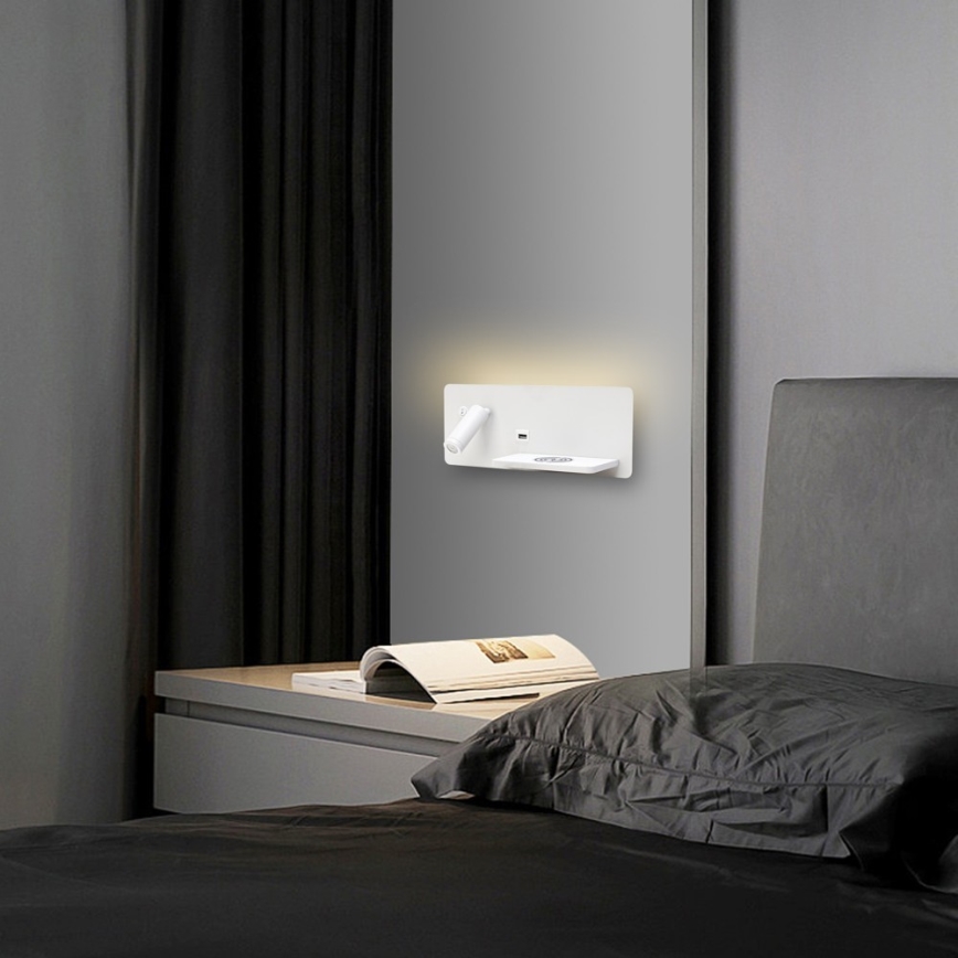 Immax 08285L - Foco de luz LED para parede com prateleira, porta USB e carregamento sem fios Be PREPARE LED/3W/230V + LED/3W branco