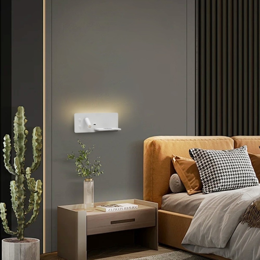 Immax 08285L - Foco de luz LED para parede com prateleira, porta USB e carregamento sem fios Be PREPARE LED/3W/230V + LED/3W branco