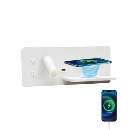 Immax 08285L - Foco de luz LED para parede com prateleira, porta USB e carregamento sem fios Be PREPARE LED/3W/230V + LED/3W branco