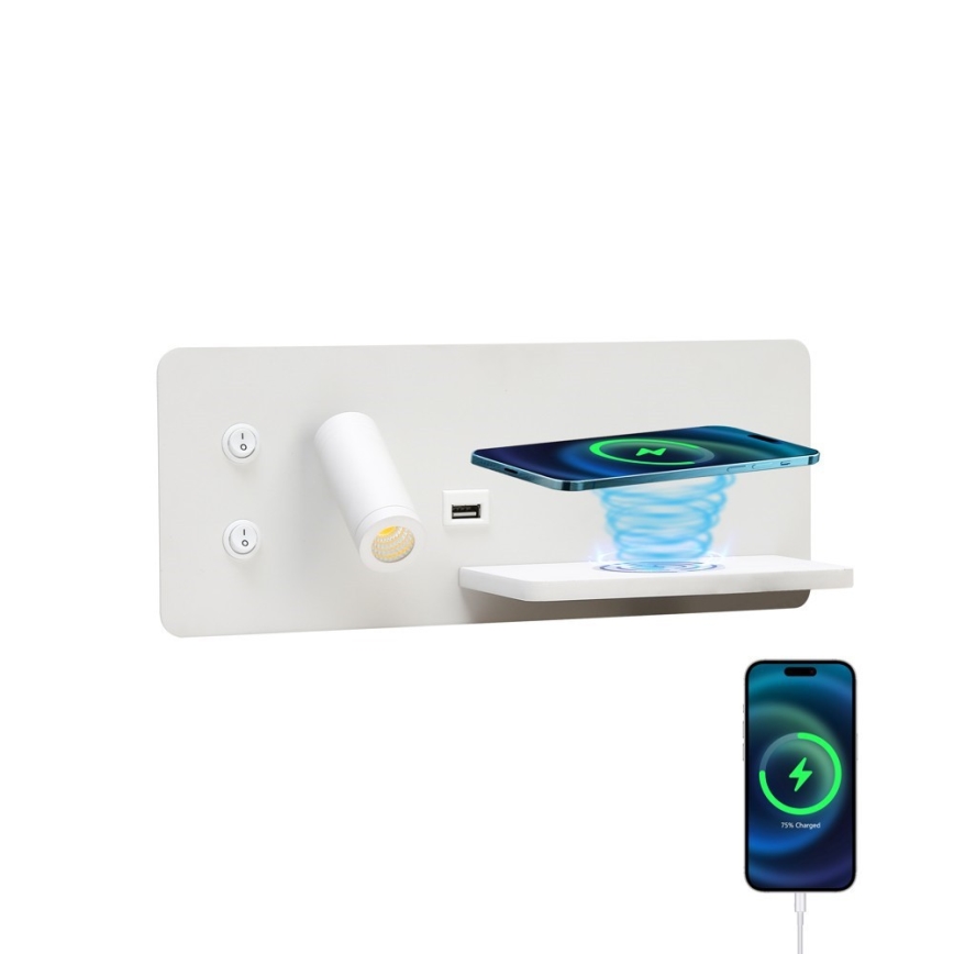 Immax 08285L - Foco de luz LED para parede com prateleira, porta USB e carregamento sem fios Be PREPARE LED/3W/230V + LED/3W branco