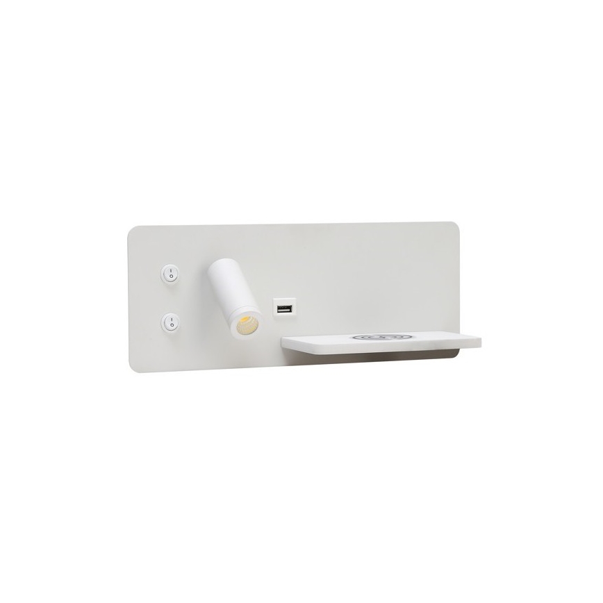Immax 08285L - Foco de luz LED para parede com prateleira, porta USB e carregamento sem fios Be PREPARE LED/3W/230V + LED/3W branco