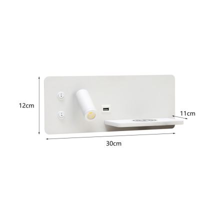 Immax 08285L - Foco de luz LED para parede com prateleira, porta USB e carregamento sem fios Be PREPARE LED/3W/230V + LED/3W branco