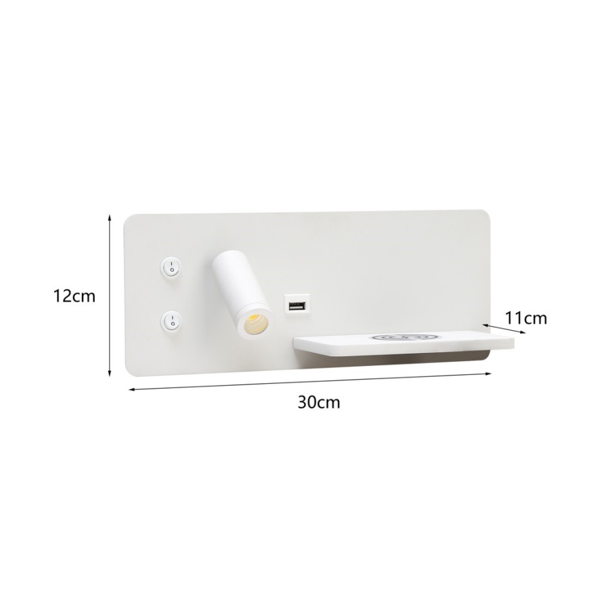 Immax 08285L - Foco de luz LED para parede com prateleira, porta USB e carregamento sem fios Be PREPARE LED/3W/230V + LED/3W branco