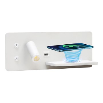 Immax 08285L - Foco de luz LED para parede com prateleira, porta USB e carregamento sem fios Be PREPARE LED/3W/230V + LED/3W branco