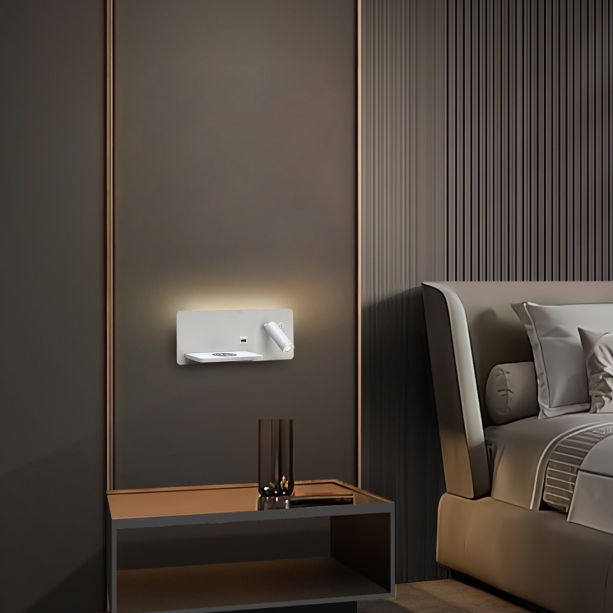 Immax 08286L - Foco de luz LED para parede com prateleira, porta USB e carregamento sem fios Be PREPARE LED/3W/230V + LED/3W branco