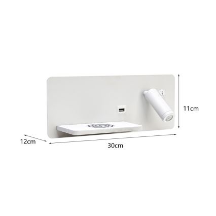 Immax 08286L - Foco de luz LED para parede com prateleira, porta USB e carregamento sem fios Be PREPARE LED/3W/230V + LED/3W branco
