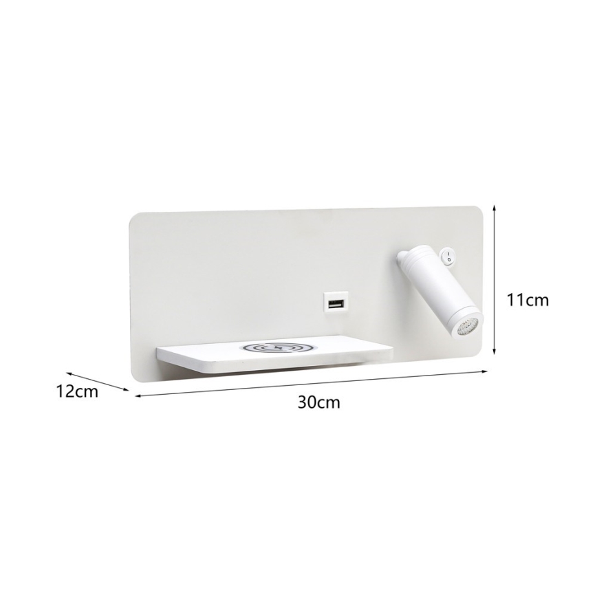 Immax 08286L - Foco de luz LED para parede com prateleira, porta USB e carregamento sem fios Be PREPARE LED/3W/230V + LED/3W branco