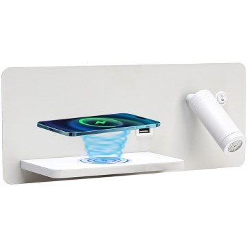 Immax 08286L - Foco de luz LED para parede com prateleira, porta USB e carregamento sem fios Be PREPARE LED/3W/230V + LED/3W branco