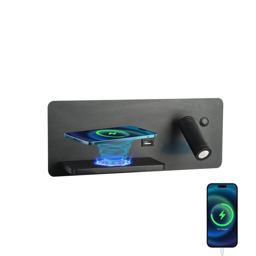 Immax 08288L - LED Foco de luz para parede com prateleira, porta USB e carregamento sem fios Be PREPARE LED/3W/230V + LED/3W preto