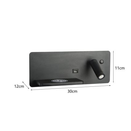 Immax 08288L - LED Foco de luz para parede com prateleira, porta USB e carregamento sem fios Be PREPARE LED/3W/230V + LED/3W preto