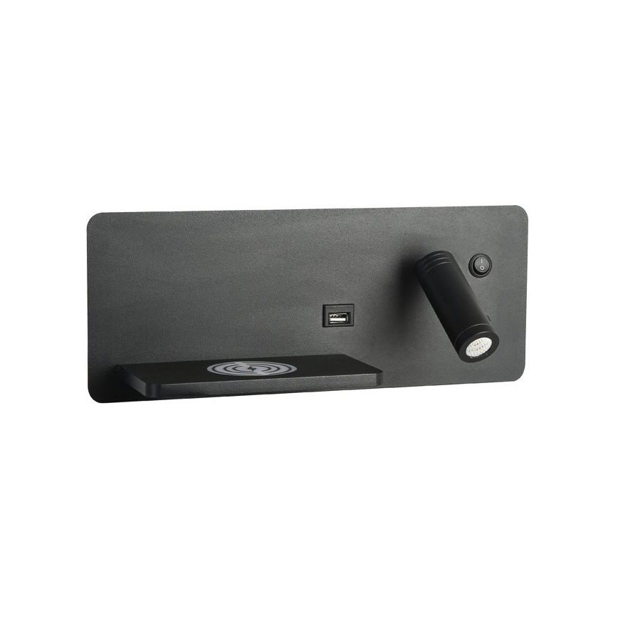 Immax 08288L - Luminária de parede LED com prateleira, porta USB e carregamento sem fio Be PREPARE LED/3W/230V + LED/3W preto