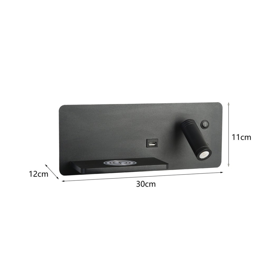 Immax 08288L - Luminária de parede LED com prateleira, porta USB e carregamento sem fio Be PREPARE LED/3W/230V + LED/3W preto
