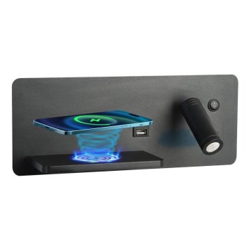 Immax 08288L - LED Foco de luz para parede com prateleira, porta USB e carregamento sem fios Be PREPARE LED/3W/230V + LED/3W preto