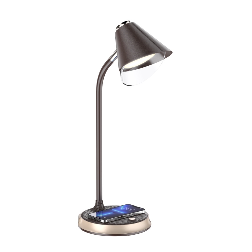 Candeeiro de mesa LED com regulação e carregamento sem fios FINCH LED/9W/12/230V castanho/dourada