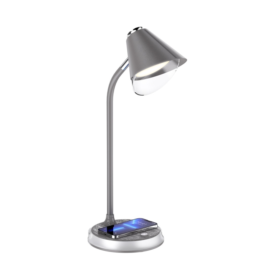Candeeiro de mesa LED com regulação e carregamento sem fios FINCH LED/9W/12/230V cinzento/cromado brilhante