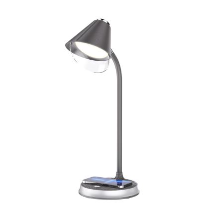Candeeiro de mesa LED com regulação e carregamento sem fios FINCH LED/9W/12/230V cinzento/cromado brilhante