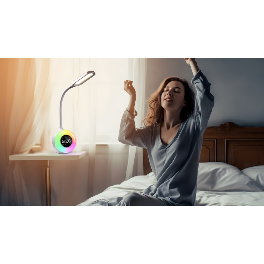 LED RGBW Candeeiro de mesa com regulação com despertador FALCON LED/10W/12V