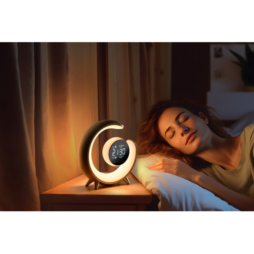 Candeeiro de mesa LED RGBW com regulação e despertador PEACOCK LED/20W/5V USB
