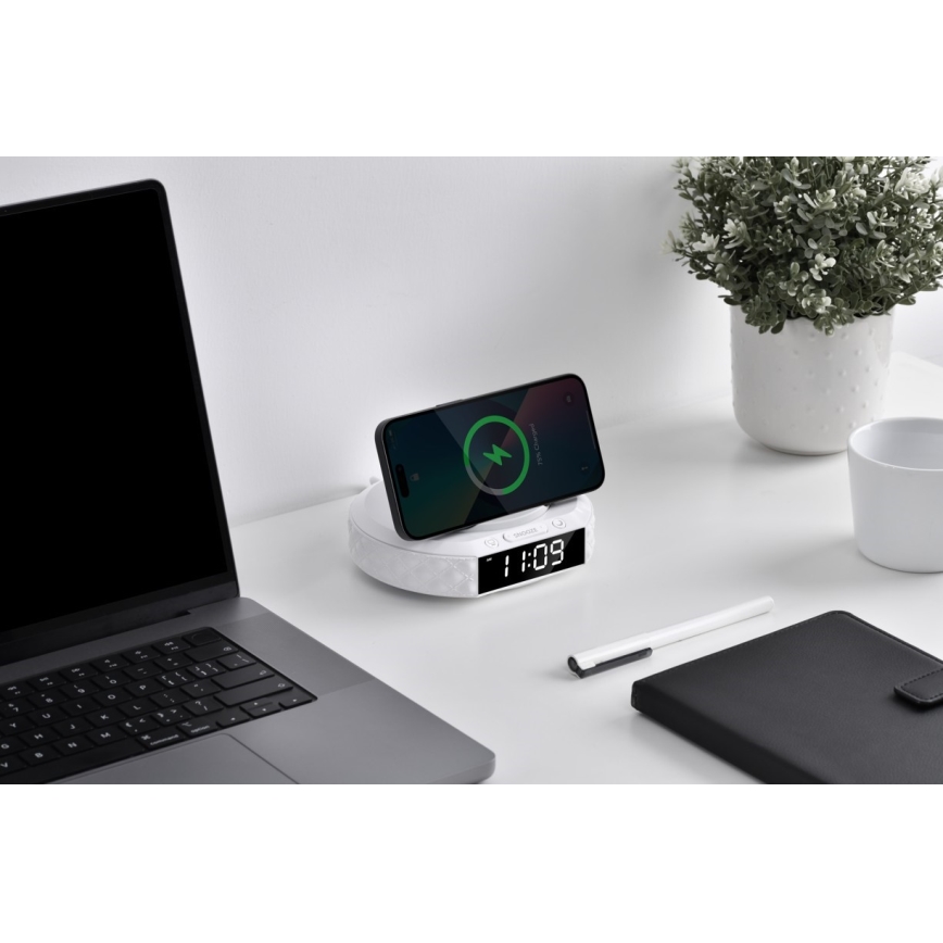 Despertador com visor LCD e sem fios Qi charger 27W/9V branco