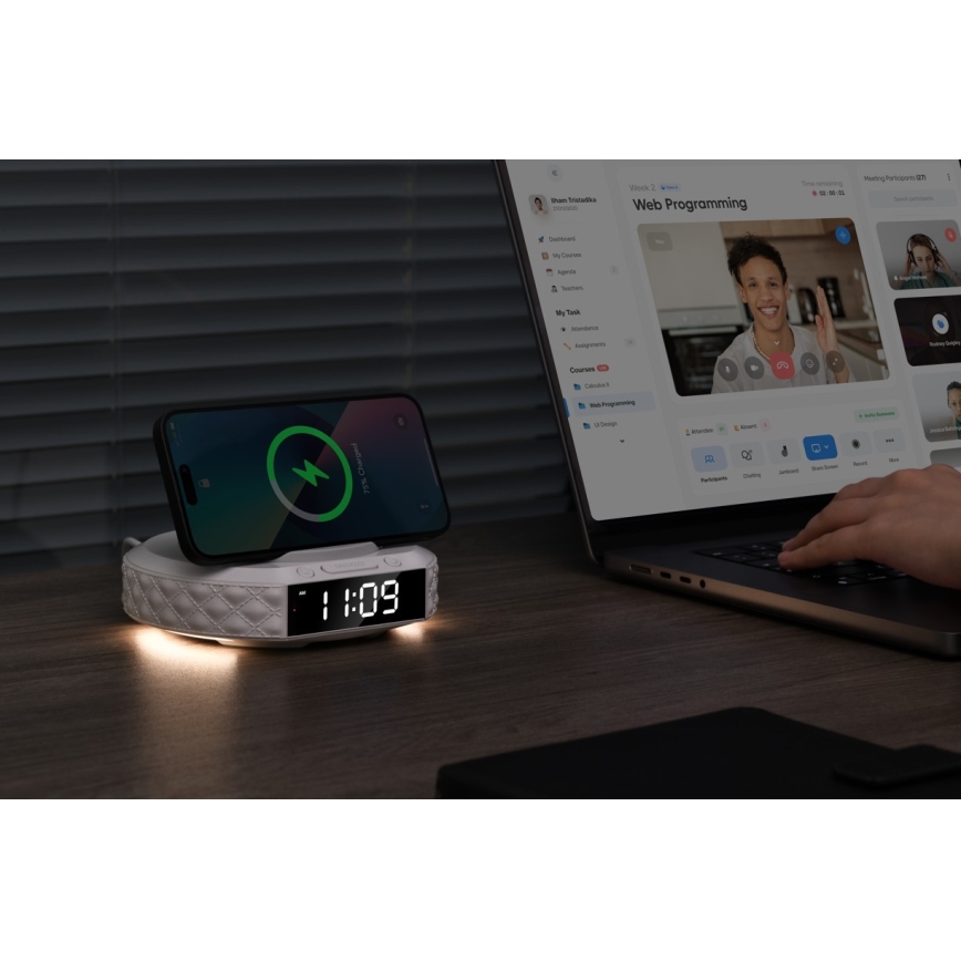 Despertador com visor LCD e sem fios Qi charger 27W/9V branco