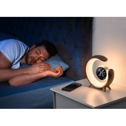 Candeeiro de mesa LED RGBW regulável com despertador LED/20W/5V USB prateado