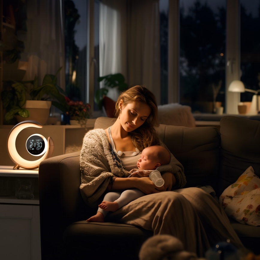 Candeeiro de mesa LED RGBW regulável com despertador LED/20W/5V USB prateado