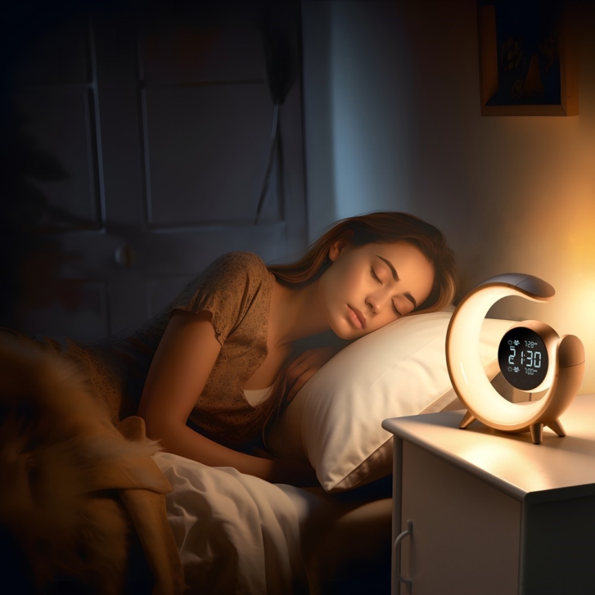 Candeeiro de mesa LED RGBW regulável com despertador LED/20W/5V USB prateado