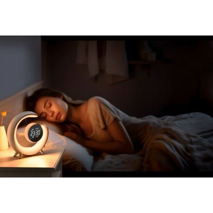 Candeeiro de mesa LED RGBW regulável com despertador LED/20W/5V USB prateado