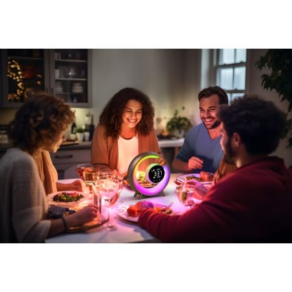 Candeeiro de mesa LED RGBW regulável com despertador LED/20W/5V USB prateado
