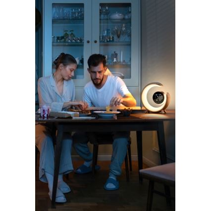 Candeeiro de mesa LED RGBW regulável com despertador LED/20W/5V USB prateado