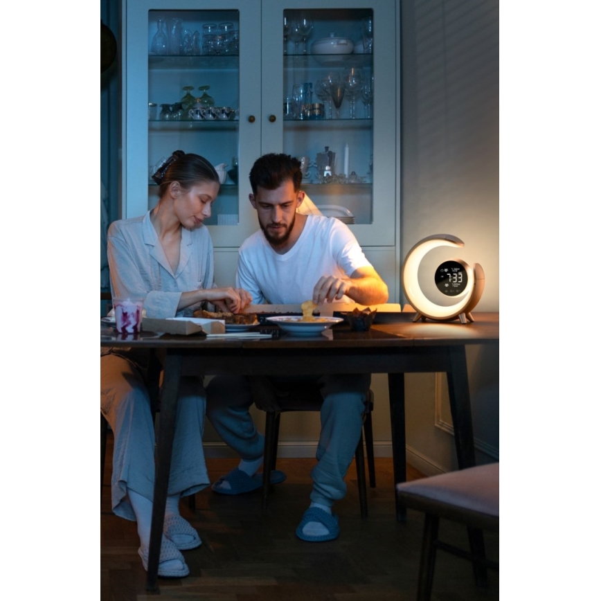 Candeeiro de mesa LED RGBW regulável com despertador LED/20W/5V USB prateado