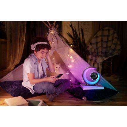 Candeeiro de mesa LED RGBW regulável com despertador LED/20W/5V USB prateado