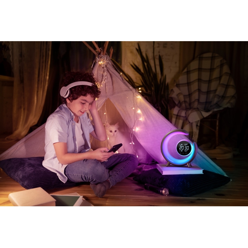 Candeeiro de mesa LED RGBW regulável com despertador LED/20W/5V USB prateado