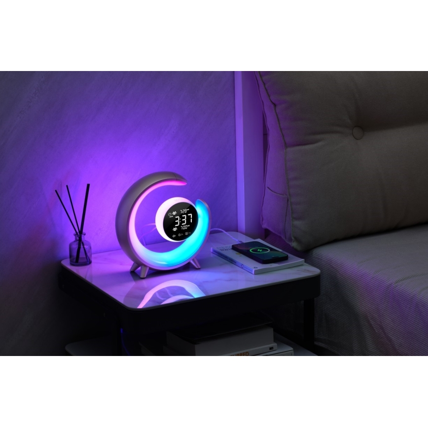 Candeeiro de mesa LED RGBW regulável com despertador LED/20W/5V USB prateado