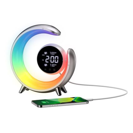 Candeeiro de mesa LED RGBW regulável com despertador LED/20W/5V USB prateado