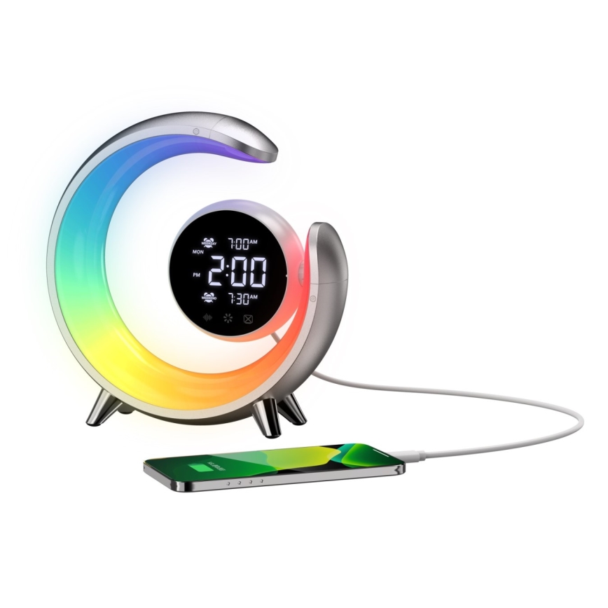 Candeeiro de mesa LED RGBW regulável com despertador LED/20W/5V USB prateado