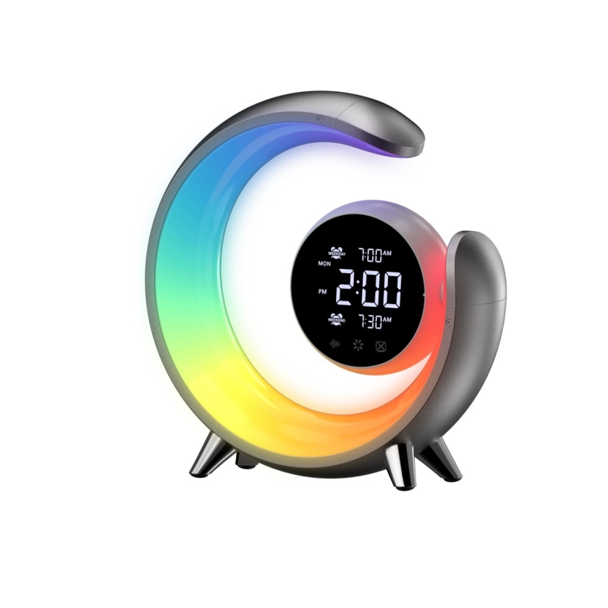 Candeeiro de mesa LED RGBW regulável com despertador LED/20W/5V USB prateado