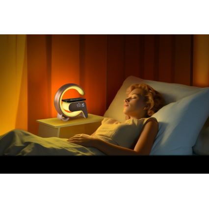 Candeeiro de mesa LED RGB com regulação, despertador e Qi carregamento 30W/230V prateado