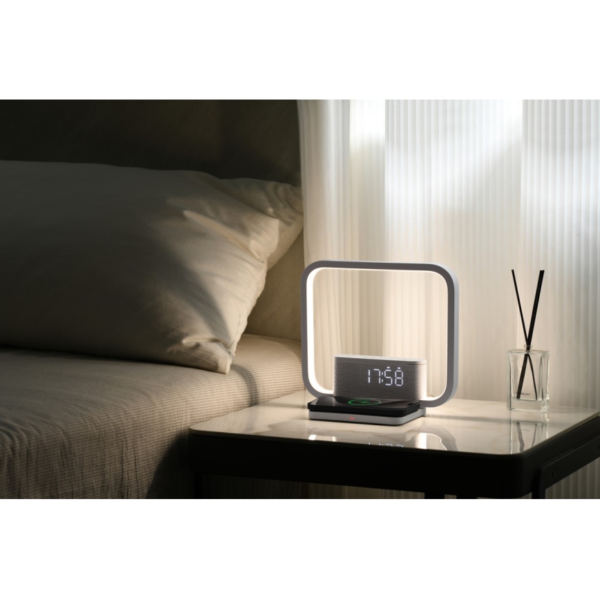 Candeeiro de mesa LED com regulação, despertador e carregamento sem fios LED/18W/230V branco