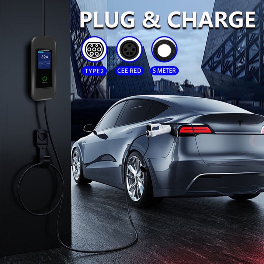 Immax - Estação de carregamento portátil para veículos elétricos AC Type 2 32A/380V 22kW + ficha 230V 5m Wi-Fi Tuya