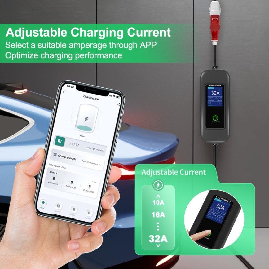 Immax - Estação de carregamento portátil para veículos elétricos AC Type 2 32A/380V 22kW + ficha 230V 5m Wi-Fi Tuya
