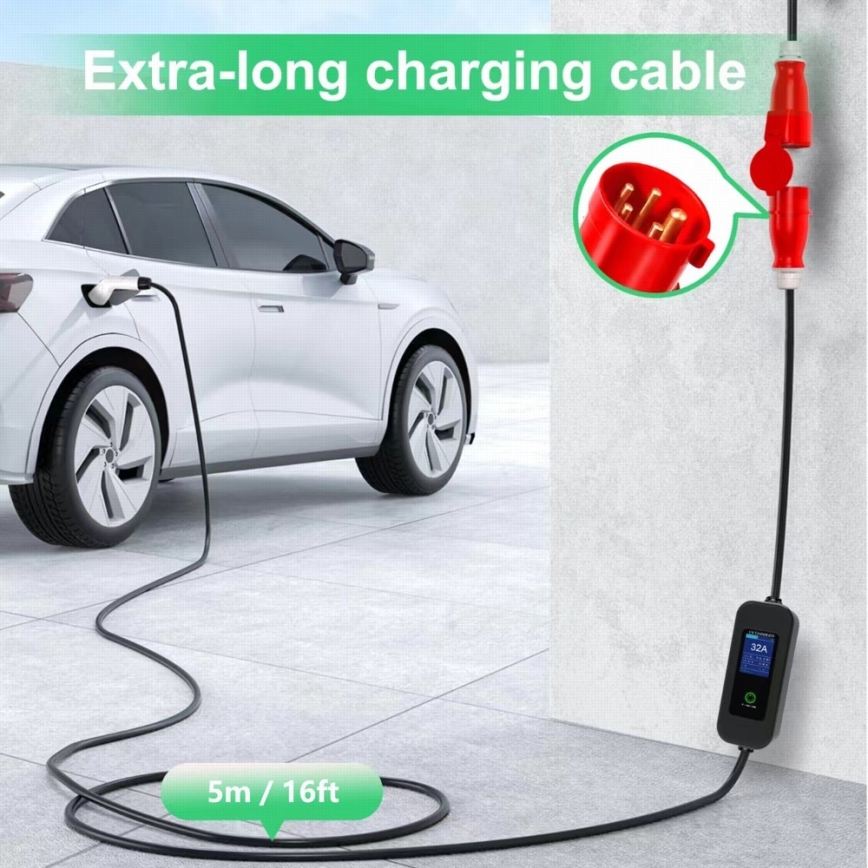 Immax - Estação de carregamento portátil para veículos elétricos AC Type 2 32A/380V 22kW + ficha 230V 5m Wi-Fi Tuya