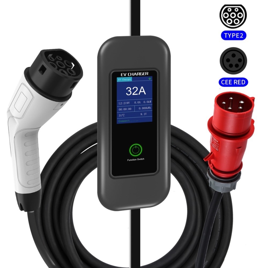 Immax - Estação de carregamento portátil para veículos elétricos AC Type 2 32A/380V 22kW + ficha 230V 5m Wi-Fi Tuya