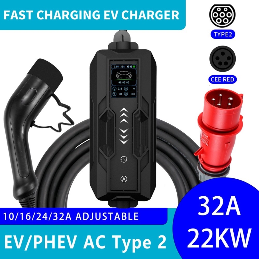 Immax - Estação de carregamento portátil para veículos elétricos AC Type 2 32A/380V 22kW 5m + capa